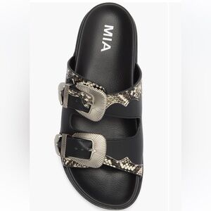 MIA Black and Tan Buckle Sandals